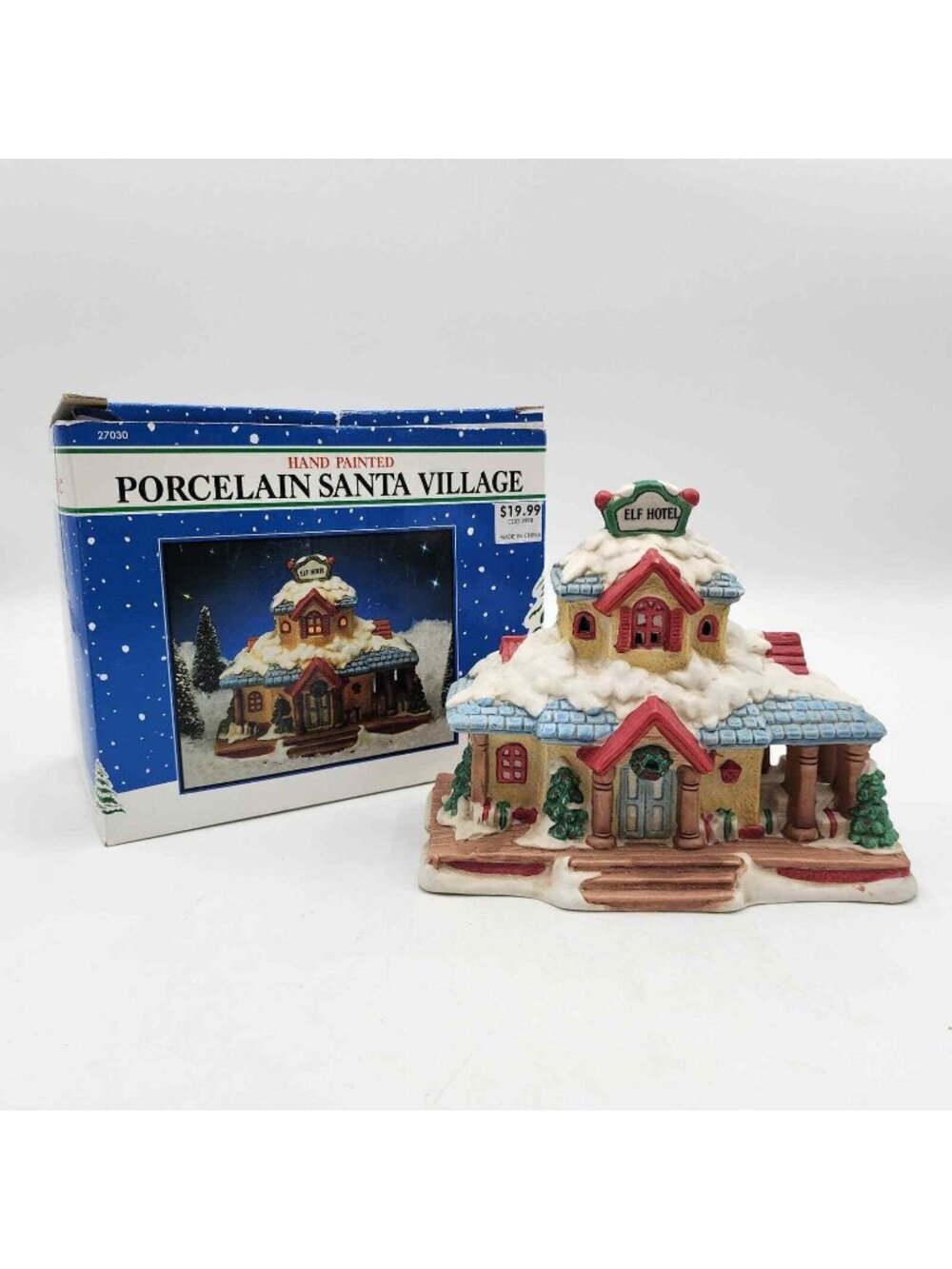 Vintage Porcelain Santa Village Elf Hotel Christmas Village W/ Box & Cord